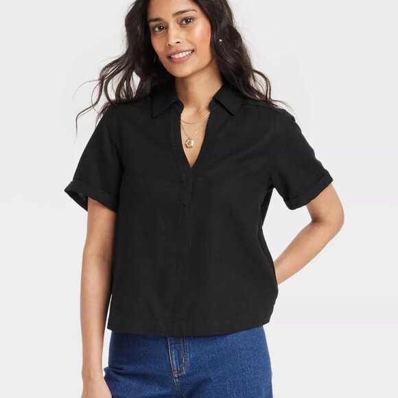 Universal Thread Tops - Universal Thread/Short Sleeve/Popover Blouse/Black/Collar/Relaxed Fit/M